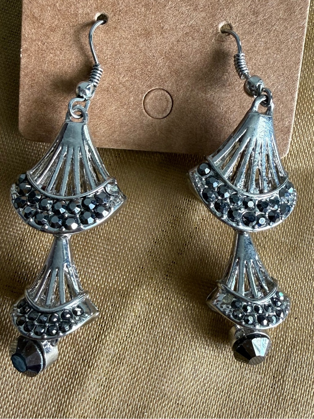 Silver Tone Fan Dangle Earrings with Black Crystal Accents